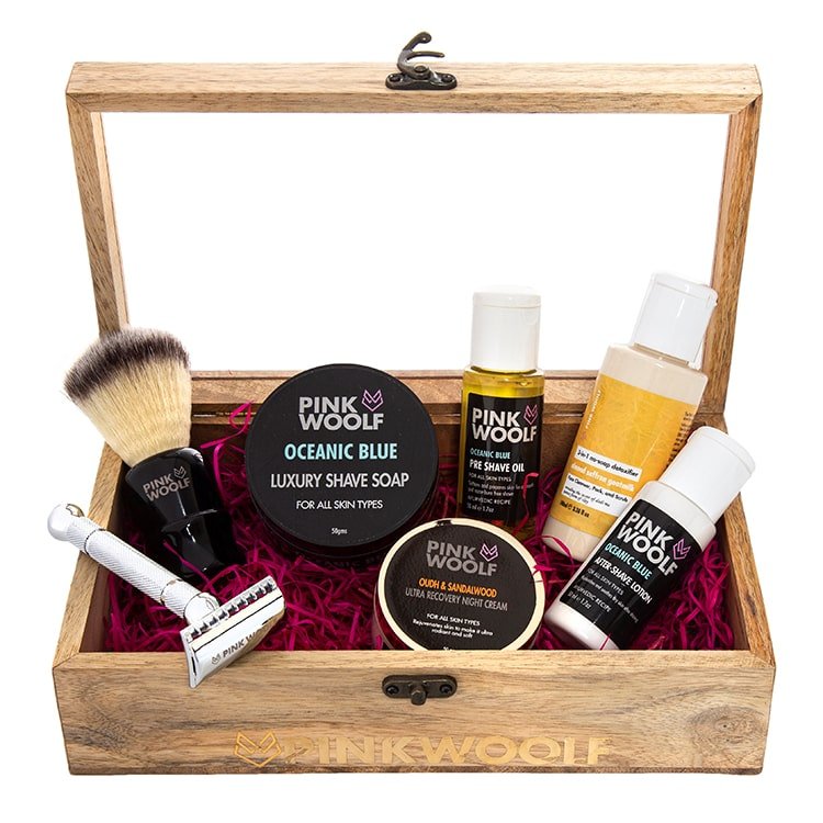 Shaving Essentials Box - Pre Shave Oil Shaving Brush Safety Razor Shaving Soap After shave lotion Night Cream Face Wash - Oceanic Blue
