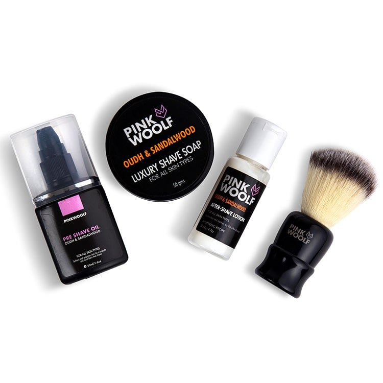 Smooth Shave Combo - Pre Shave Oil Shaving Brush Safety Razor After shave lotion Oudh & Sandalwood